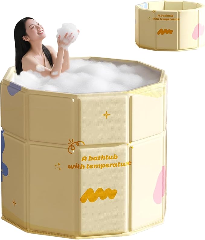 Portable Step-In Round Bathtub for Adults No Installation 31.5"L x 27.1"H Foldable Soaking Bath Tub for Shower Stall, Cold Plunge Collapsible Hot Ice Home SPA Tub (Yellow, 31.5"L x 27.1"H)
