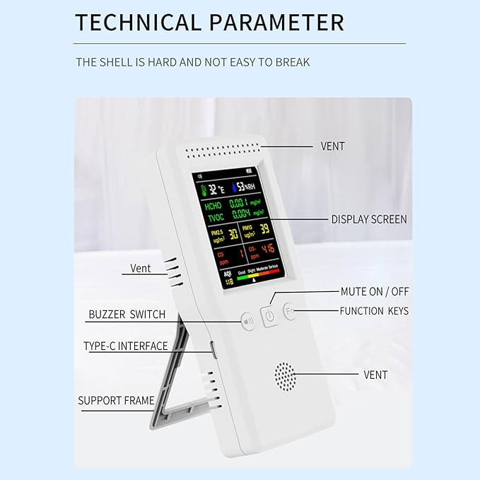 9 in 1 Air Quality Monitor, Indoor PM2.5 PM10 TVOC CO CO2 Temperature Humidity Detector, Air Quality Tester Air Pollution Meter for , Rooms, Offices, Grow Tents