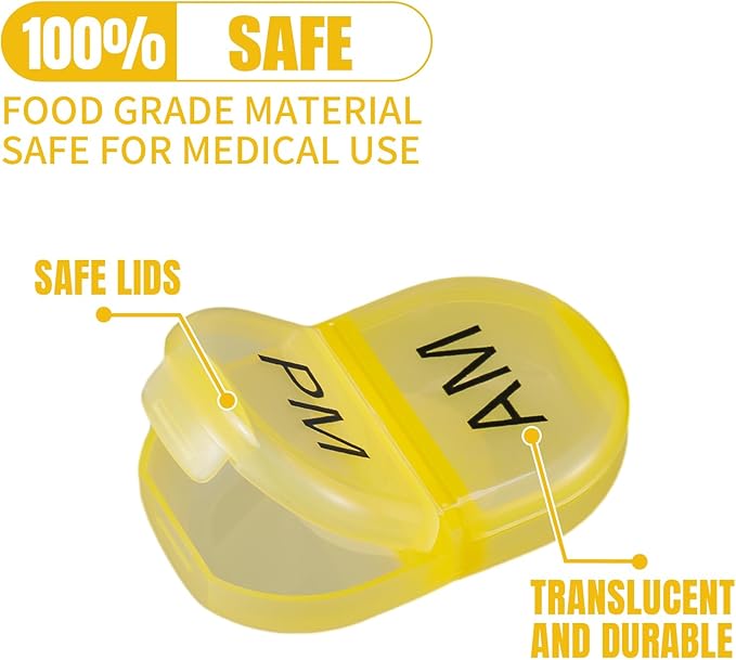 6 Pack Pill Organizer Pocket Small Case Holder Am Pm Pill Case Portable Two Compartment Round Travel 2 Times a Day for Vitamin Medication Supplement(Yellow)
