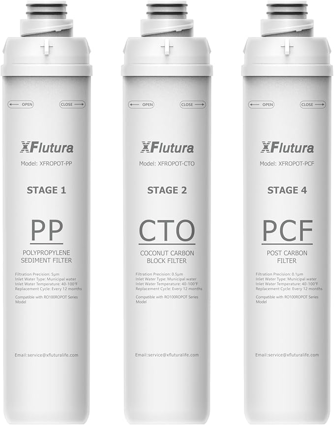 RO100ROPOT Series 1-Year Replacement Filter Cartridge Set Compatible with Bluevua RO100ROPOT, RO100ROPOTUV Series Water Filter, 1-Year Replacement Cartridge, Pack of 3 Filters (1*PP, 1*CTO, 1*PCF)