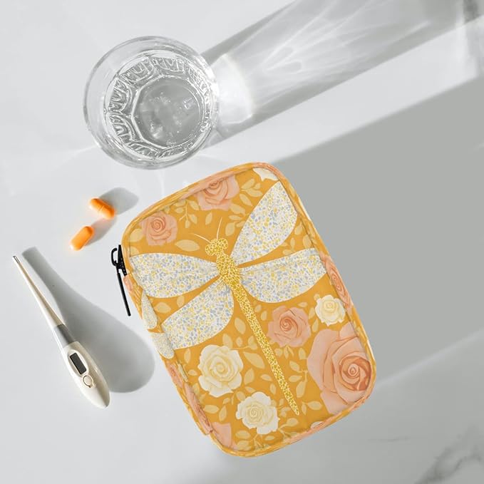 Dragonfly Flower Rose Pill Case Everyday Travel, 7 Day Weekly Medicine Pill Box Compact Portable Pills Bottle Organizer with Zipper for Daily Vitamin Medicine Holder Bottle Organizers Bag