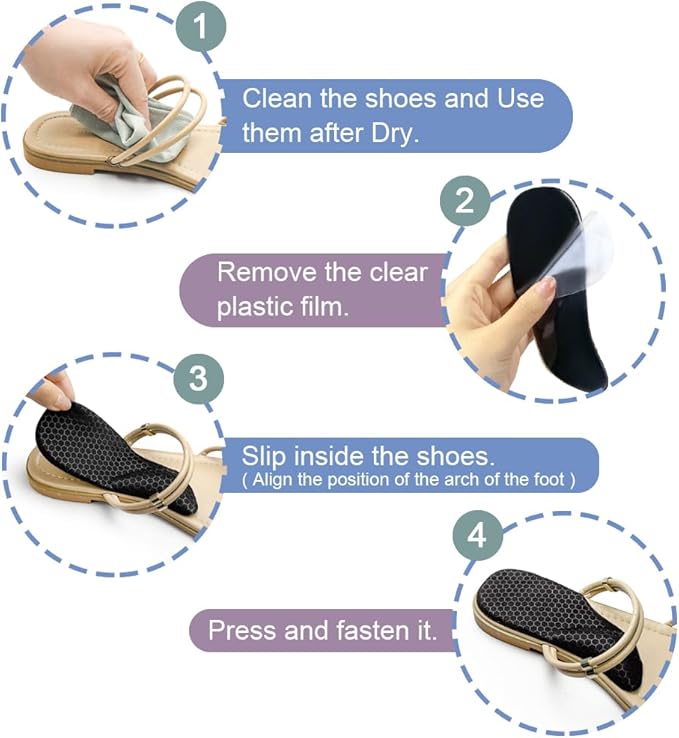 Dr.Foot Arch Support Shoe Inserts for Plantar Fasciitis Relief, Self-Adhesive Arch Pads Heel Cushion for Flats, Heel Pain, Gel Arch Insoles for Men and Women 2 Pairs (Black, Large)
