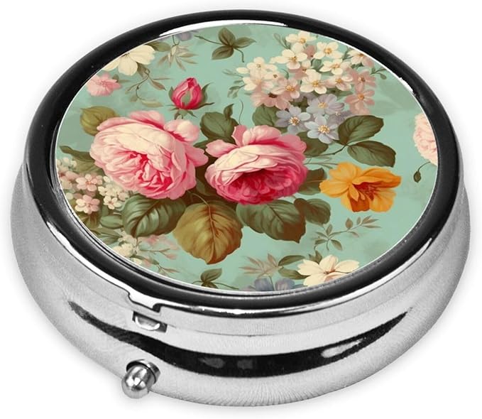 Pill Box 3 Compartment Medicine Pill Organizer Vintage Floral Flowers Round Pill Case for Purse & Pocket Travel Pillbox Portable Metal Medicine Vitamin Fish Oil Organizer Unique Gift