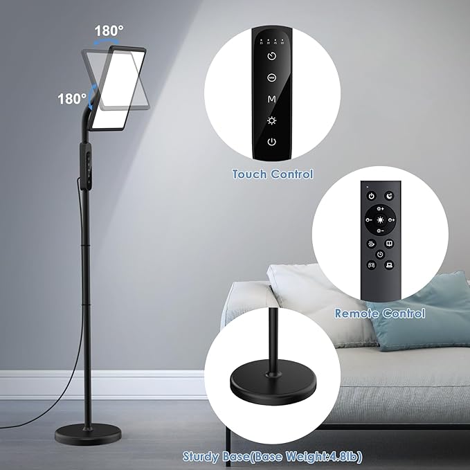 Light Therapy Lamp 12000 Lux,Sunlight Lamp with Touch&Remote Control, 4 Color Temperatures &5 Brightness Levels,Full Spectrum Daylight with 4 Timers,3-in-1 Retractable Floor Lamp.