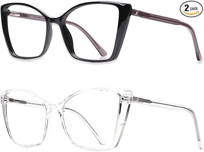 2 Pack Blue Light Blocking Glasses for Women, Oversized Trendy Cat Eye Computer Gaming Glasses Anti Glare & UV Glare RF6204 (Black + Clear Cateye Frame)