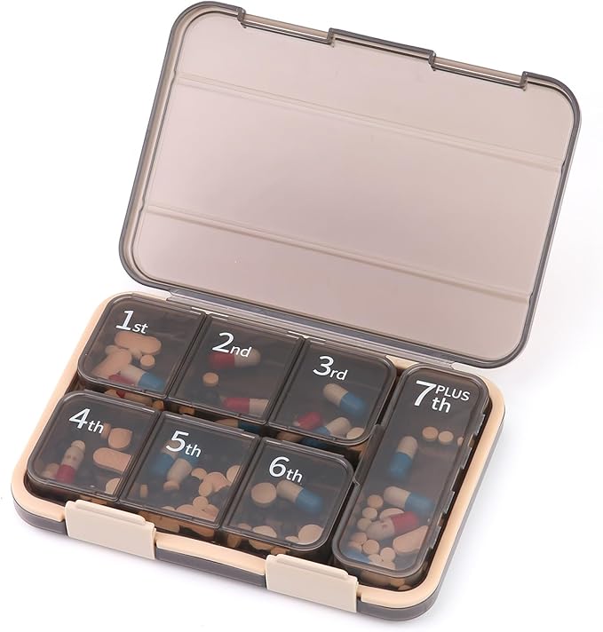 RICHCEE Weekly (7-Day) Pill Organizer, 7 Compartments Combined Pill Box, Medicine Planner for Fish Oil/Vitamin Organizer/Supplement (Darkbrown)