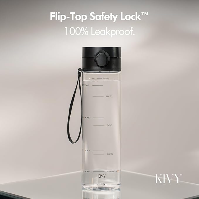 KIVY Slim Water Bottle 32oz with Leakproof Flip Lid [Lightweight & Shatterproof] Fits Backpack & Cupholder for Travel, Sports, School - Tall Gym Water Bottle with Measurements - Dishwasher Safe