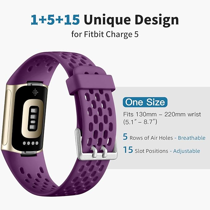 Getino Sport Bands Compatible with Fitbit Charge 5/ Charge 6 Women Men, Breathable Soft Waterproof Strap Adjustable Replacement Accessories for Fitbit Charge 5/ Charge 6 Advanced Fitness Tracker, Plum