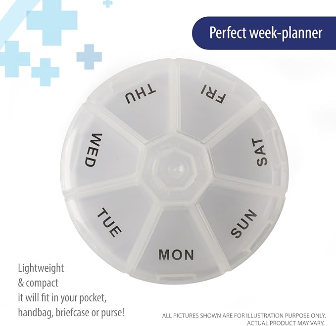 Deke Home - Round Portable Pill Box (2 Pack), Medicine Planner, Small 7 Day Weekly Travel Container, Medication, Vitamin Holder, Pillbox Organizer, Pill Dispenser, Daily Sorter & Reminder, BPA Free