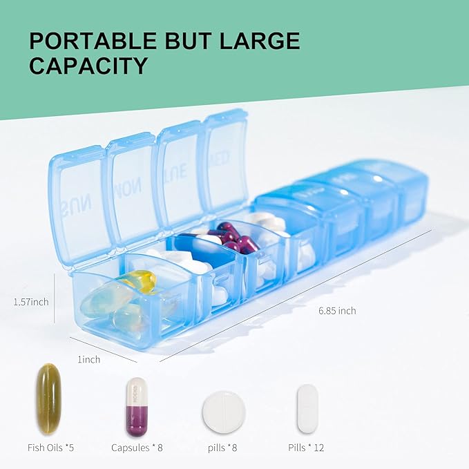 2 PCS Weekly (7-Day) Daily Pill Case, Medicine Planner, Vitamin Organizer, Supplement Container Box, Small Compartments, Convenient and Easy to Use, Travel Friendly, Color May Vary, BPA Free (Blue)