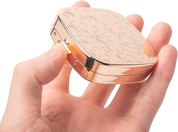 Fashion Elegant Medicine Portable Double Protection Switch Metal Travel Pill Box with Mirror (Small, 3 compartments, Gold)