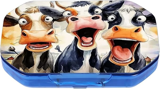This Portable Funny Cartoon Cow Pattern 6 Compartment Pill Box Can Be Placed in A Pocket Or Wallet to Store Vitamins, Medicines Health Supplements Other Medications.