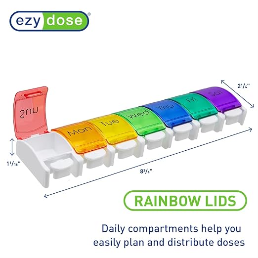 EZY DOSE Weekly (7-Day) Pill Case, Medicine Planner, Vitamin Organizer Box, Convenient and Easy to Use, Large Push-Button Compartments, Travel Friendly, Rainbow Lids, BPA Free
