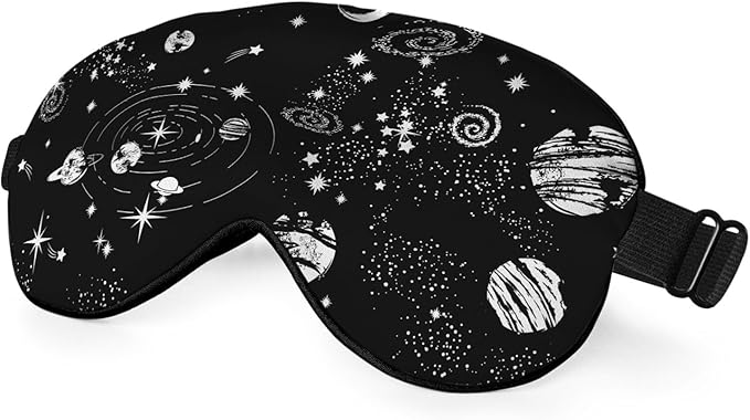 Space Galaxy Sleep Eye Mask Universe Star Moon Planets Constellation Black Silk Eye Mask Sleeping Soft for Men Women Boy Girl Airplane Travel with Elastic Strap
