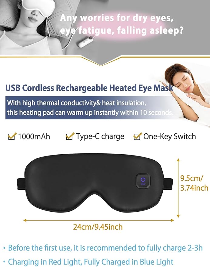 Upgraded 3 Temperature Modes Silk Heated Eye Mask Cordless,Rechargeable Warm Eye Heating Pad No Pressure for Dry Eyes, Sleep Eye Mask Christmas Gift for Men Women (Black)
