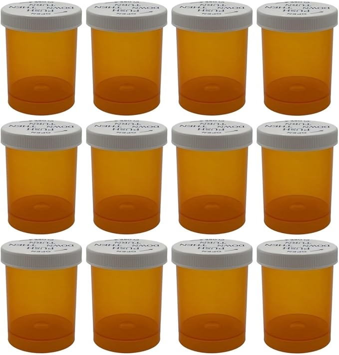 Empty Plastic Medicine Pill Bottles with Child Resistant Caps, 20 Dram Amber Plastic Vial Travel Pill Case Organizer, Pack of 12 (20 Dram)