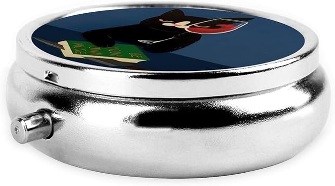 Metal Silver 3 Compartment Pill Box Pocket Portable Mini Travel Pill Case Small Round Decorative Medicine Box Vitamin Pill Organizer with Red Wine Black Cat