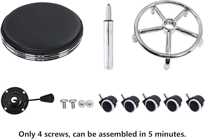 KKTONER Round Rolling Stool with Foot Rest PU Leather Height Adjustment Modern Industrial Metal Style Swivel Spa Salon Tattoo Work Massage Stools Small (Black)