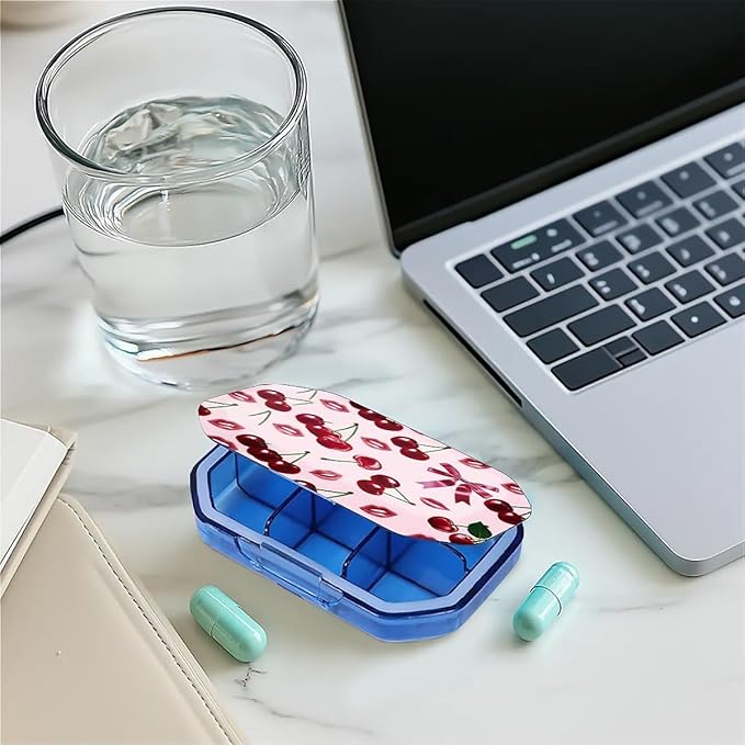 This Portable Pink Cherry Lip Print Pattern 6-Compartment Pillbox Can Be Placed in A Pocket Or Wallet to Store Vitamins, Medicines Fish Oil Health Supplements Other Medications.