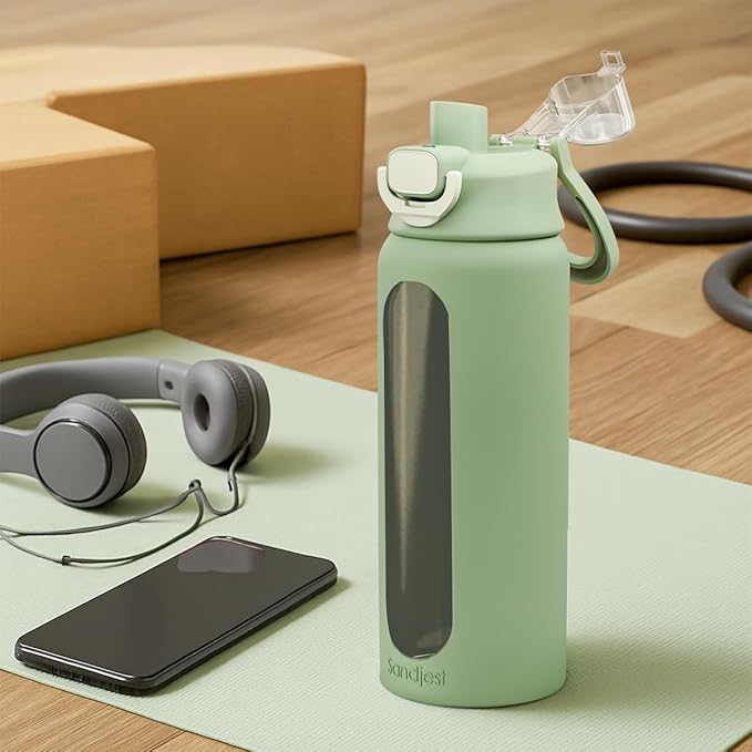 SANDJEST Glass Water Bottle with Silicone Sleeve 24oz with Lid, Motivational Time Marker, Drinking Hydration Glass Bottles for Men Women, Gym Travel Sports (Matcha)