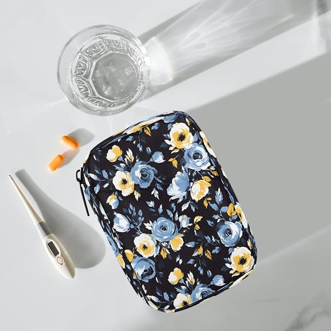 Floral Blue Flower Pill Case Everyday Travel, 7 Day Weekly Medicine Pill Box Compact Portable Pills Bottle Organizer with Zipper for Daily Vitamin Medicine Holder Bottle Organizers Bag
