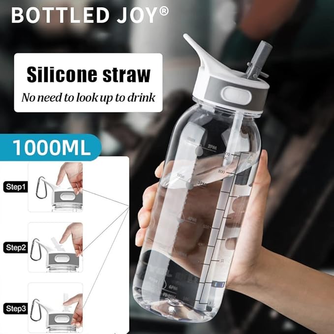 1L Clear Water Bottle, 32oz Motivational Water Bottle with Straw, Bottle Joy Sports Water Bottle with Time, Tritan Leakproof Markers-BPA-Free Jug, Buckle Drinking Bottles for School, Outdoor Gym