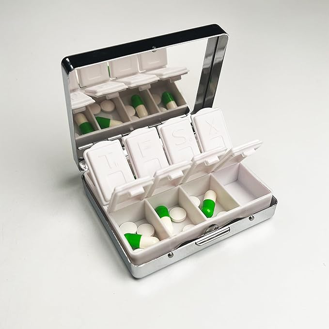 7 Days Chromed Shiny Silver Pill Organizer with Mirror Inside Has 8 Separate Compartments Rectangle 7 Days Pill Box Pill Case (Dragonfly Stained Glass)