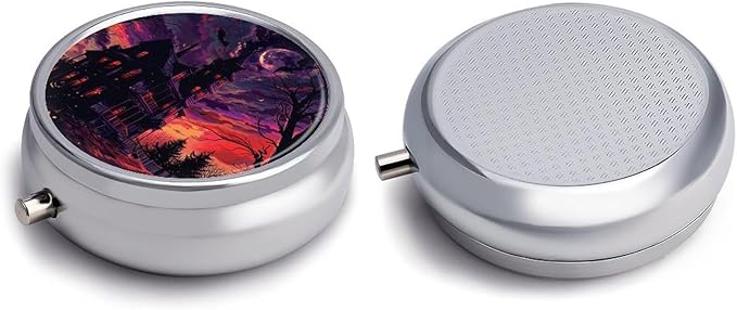 Black Haunted House Pill Box Travel Pill Case for Purse Pocket Weekly Medicine Organizer with Mirror 3 Compartment Round Medicine Case Portable PillcaseHolder for Daily