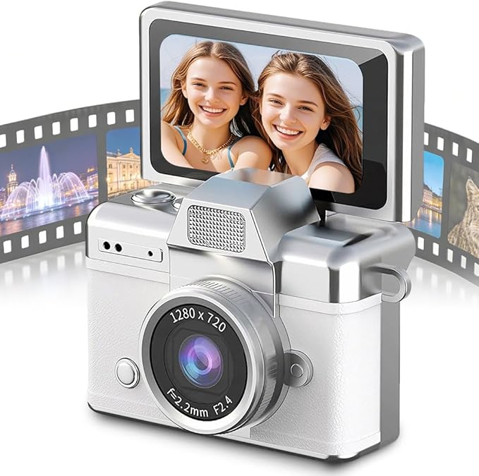 Mini Camera with Flip Screen, 2026 New Mini Digital Camera with 1.47 in LCD Screen, 1080P FHD Recording with 0.96" IPS Screen with 6 Retro Filters AVI, 32GB No Memory Card Included (White)