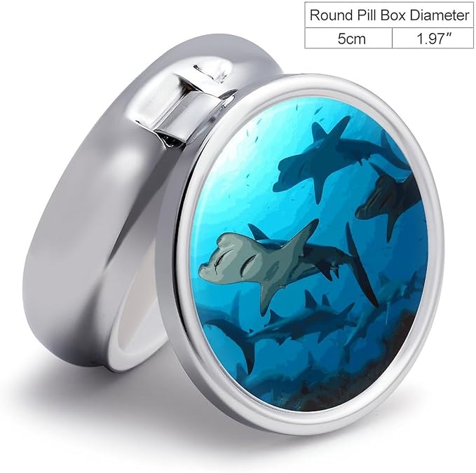Hammerhead Sharks Pill Box Cute Round Pill Box 3 Compartment Decorative Pocket Purse Portable Mini Travel Medicine Tablet Vitamin Fish Oil Holder Organizer Pill Case