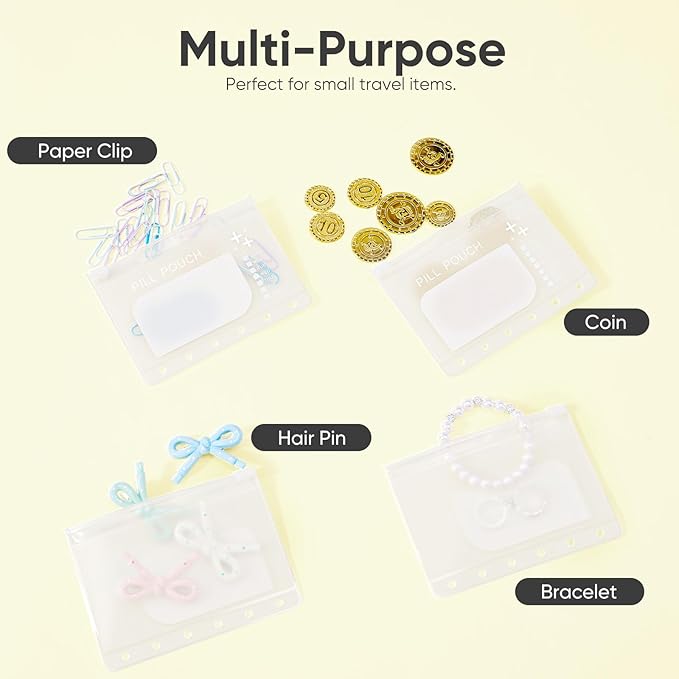 Lerine 7 Reusable Pill Pouch Bags, Zippered Pill Pouch Set, Travel Medicine Organizer with Write on Label, BPA Free Self Sealing Bags with Slide Lock, Ring Binder for Daily Vitamin, Supplement Storage