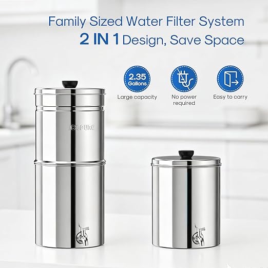 ICEPURE 2.25G Gravity-fed Water Filter System, 304 Stainless Steel Countertop System with Metal Faucet, 2 Black Carbon Filters, Reduce 99% Chlorine, Lead for Home, Camping, Travel, Emergencies