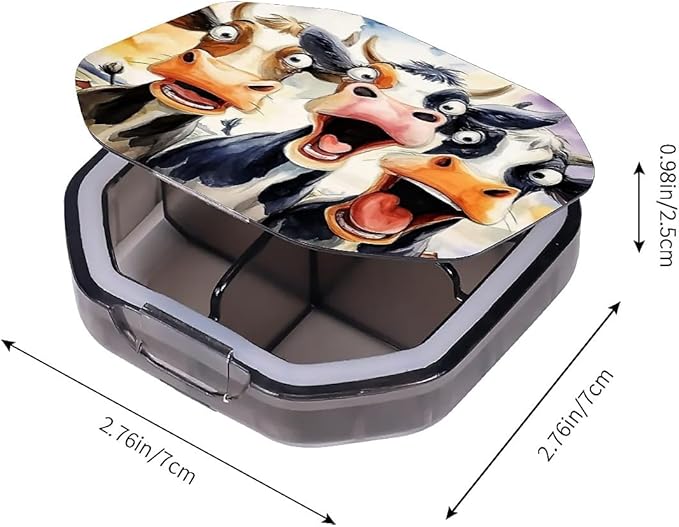 This Portable Funny Cartoon Cow Pattern 4 Compartment Pill Box Can Be Placed in A Pocket Or Wallet to Store Vitamins, Medicines Health Supplements Other Medications.