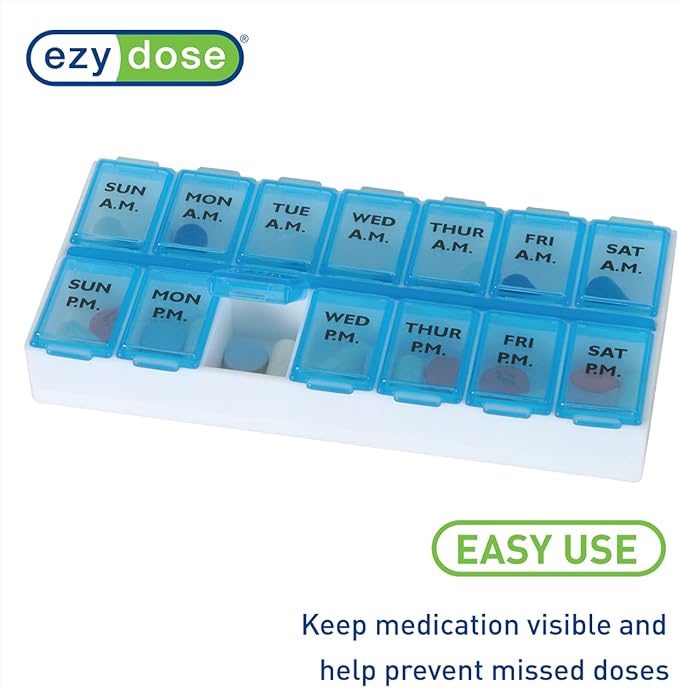 Ezy Dose Weekly (7-Day) AM/PM Pill Organizer, Vitamin Case, and Medicine Box, Medium Compartments, 2 Times a Day, Blue (Pack of 2)