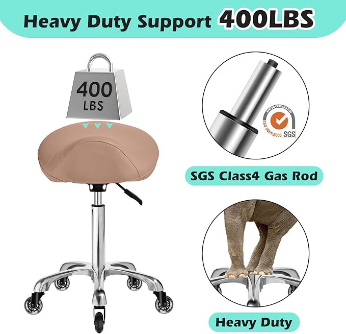Saddle Stool with wheels Ergonomic - Heavy Duty 400lbs, Upgraded Thick Saddle Cushion, Healthy Posture Correction, Swivel Adjustable Rolling Saddle Stool, Saddle Chair for Salon Massage Home (Brown)