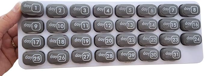 Monthly Med Organizer with 31 Daily Removable Pill Pods for Home, Work, Travel, Numbered Pillboxes for Supplements & Vitamins (Grey)