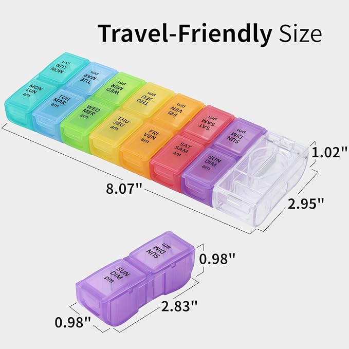 7-Day AM/PM Pill Organizer, Built-in Pill Cutter, Detachable Small Daily Pods, Portable Travel Case, Purse-Friendly, Rainbow Color