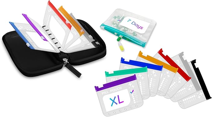 Water-Proof Pill Pouch Set， Large Pill Organizer, Pill Loose-Leaf Storage with Color-Coded Medicine Pouches,BPA Free, Reusable Travel Medicine Organizer， Zippered Pill Organizers Weekly