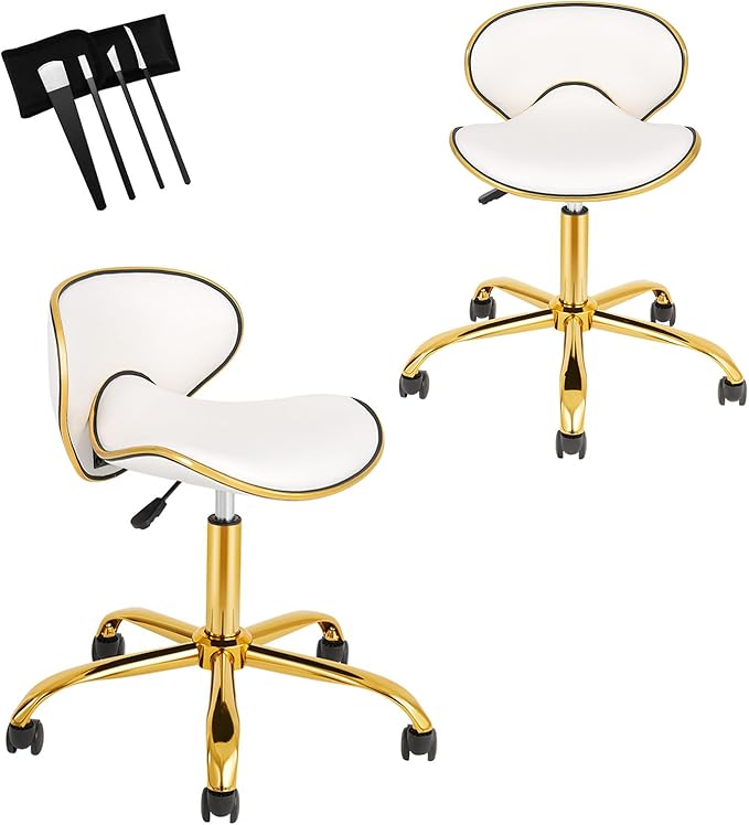Adjustable Nail Tech Chair Rolling Stool with Backrest, Salon, Lash, Nail Tech and Hair Stylist, Massage Tattoo Facial Stool with Wheels-White