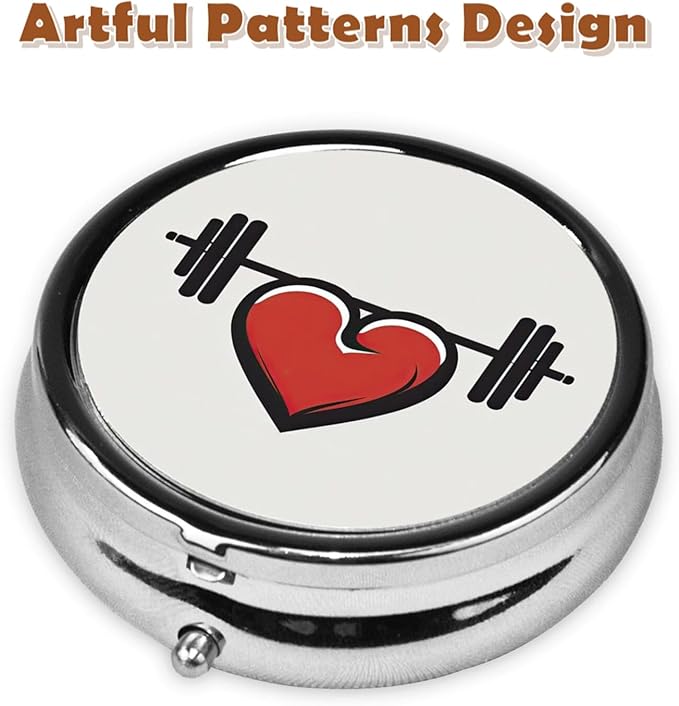 Metal Pill Organizer - 3-Compartment Mini Round Pill Case for Pocket & Purse, Portable Vitamin Holder, Easy-Open Design for Travel - Dumbbell Heart