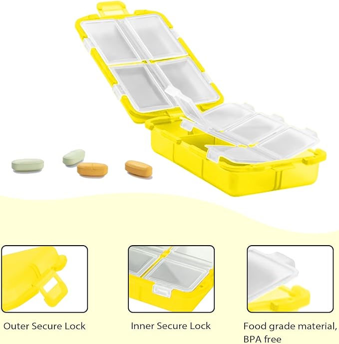 4PCS 7-Day Pill Organizer with Labels – Compact Daily Medication Case | Travel-Sized (3.7" x 2.4") Secure Lock | AM/PM Compartments | Includes 300+ Common Medicines Vitamins Health Product Sticker
