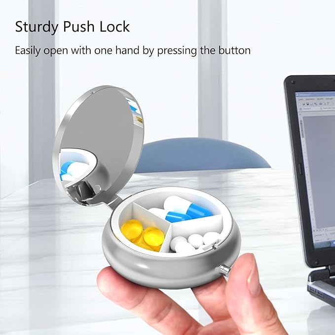 Metal Pill Organizer - 3-Compartment Mini Round Pill Case for Pocket & Purse, Portable Vitamin Holder, Easy-Open Design for Travel - Abstract Geometry
