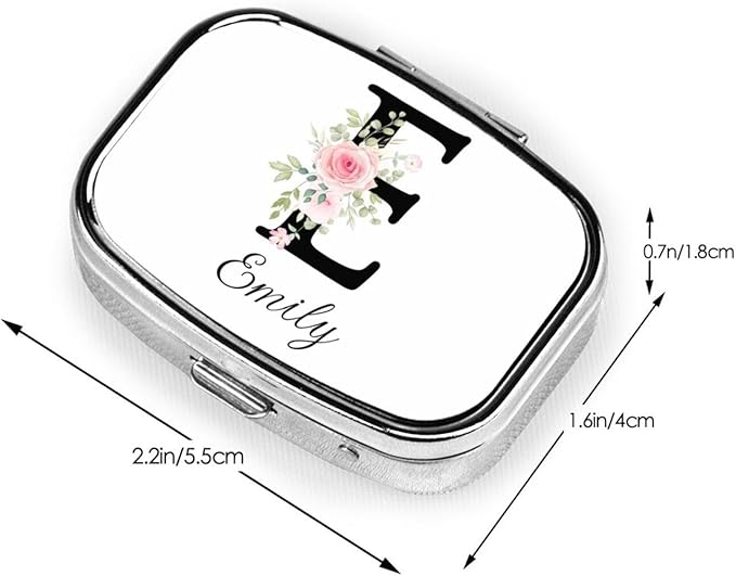 Custom Pill Box Personalized Square Small Pill Case with Mirror Add Your Photo Text Logo Name Decorative 2 Compartment Portable Metal Medicine Container Vitamin Organizer for Pocket Purse Travel (E)