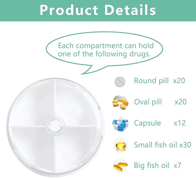 Pill Organizer Portable Travel Pill Box Round Rotatable Pill Case 4 Large Compartments Medicine Organizer for Vitamin Fish Oil Pills Supplements (White)