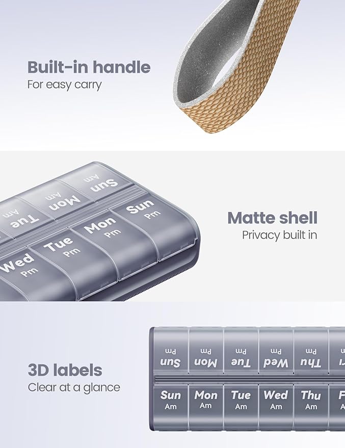 AM PM Pill Organizer 7 Day, 2 Times a Day Weekly Pill Box with Moisture-Proof Desiccant, Compact Easy-Open Medicine Case for Vitamins, Supplement