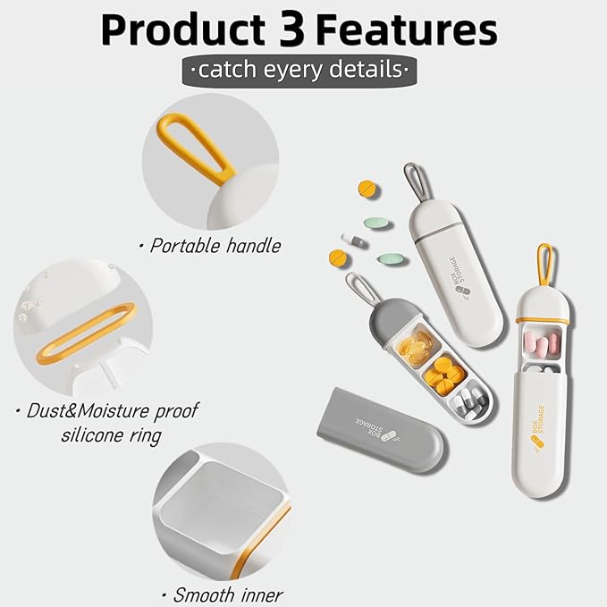 3 Packs Pill Organizer 3 Compartments Portable Pill Case Travel Moisture Proof Pill Box for Tablets Vitamins Cod Liver Oil Supplements and Medication