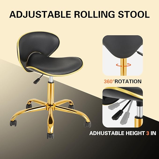 Adjustable Nail Tech Chair Rolling Stool with Backrest, Salon, Lash, Nail Tech and Hair Stylist, Massage Tattoo Facial Stool with Wheels - Black