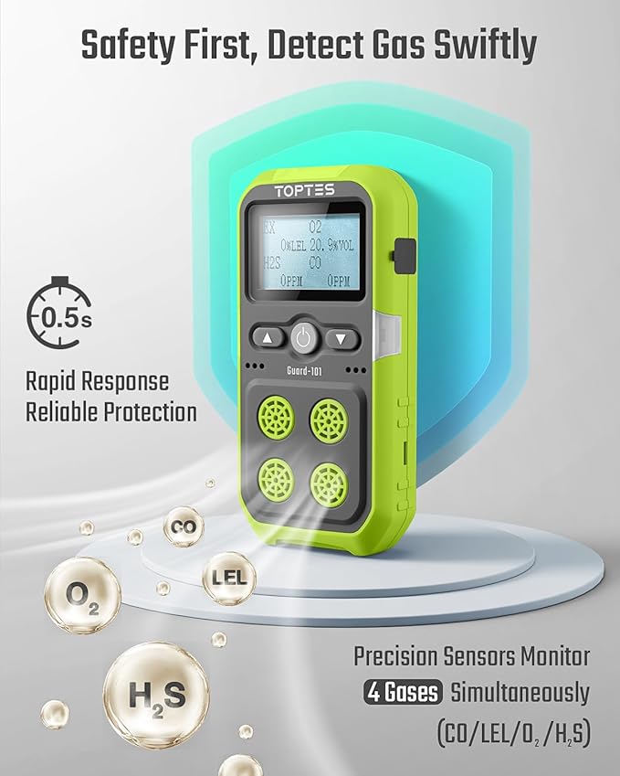 TopTes Guard-101 4 Gas Monitor Multi Detector for H2S, CO, LEL, and O2, with Vibration, Visual, and Audible Alarms, 14h Long Battery Life, Safety Explosion-Proof, for Work, Home - Green