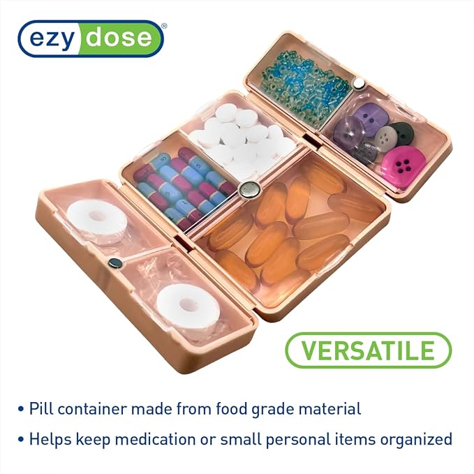 EZY DOSE Bi-Foldable Magnetic Pill Case, Medicine Planner, Vitamin Organizer Box, Snap-Shut for Security, Durable and Easy to Use, 7 Individual Compartments with Various Sizes, Travel-Friendly, Peach
