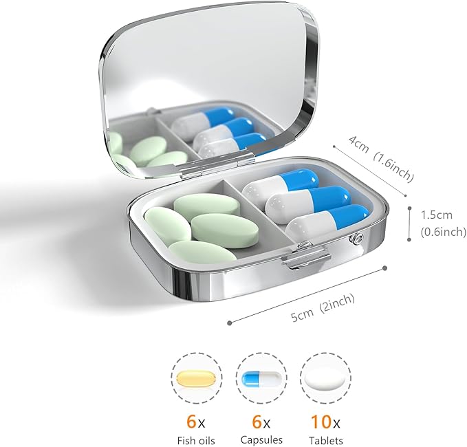 Pill Box-2 Compartment Small Pill Case Portable for Pocket & Purse Single Pill Carrier Pill Container to Hold Vitamins Medication Fish Oil and Supplements BPA-Free(Highland Cow)